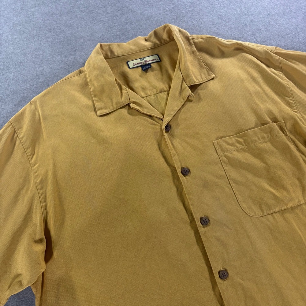 Tommy Bahama Mens Large Silk Cotton Herringbone Camp Shirt Mustard Yellow Gold